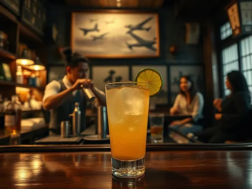 Uma imagem de um copo baixo contendo um coquetel amarelo-alaranjado, com uma fatia de limão, em um ambiente de bar rústico e acolhedor.
