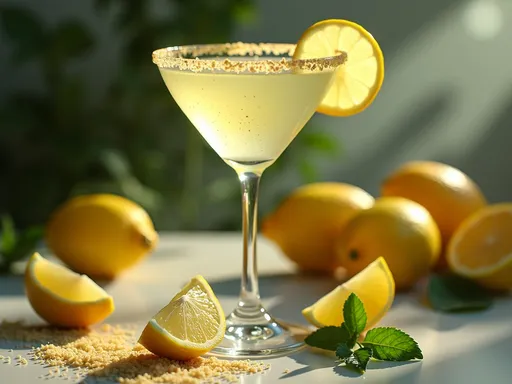 Uma imagem elegante de um Lemon Drop Martini, servido em uma taça de cristal, com uma bela decoração de limão e hortelã, em um ambiente tropical e relaxante.
