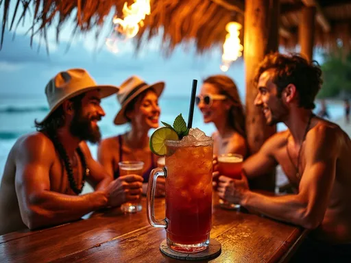 Uma mesa de madeira rústica em primeiro plano, com um copo de cocktail decorado com uma fatia de limão e uma folha de menta. Ao fundo, um grupo de pessoas vestidas de maneira informal e relaxada, conversando e curtindo uma bebida em um ambiente bucólico e tropical.