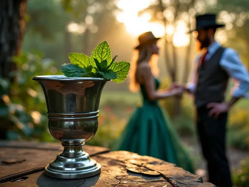 Um copo de metal brilhante contendo uma bebida com folhas de menta verdes sobre uma superfície de madeira rústica, com um casal vestido elegantemente em um cenário florestal ao fundo.