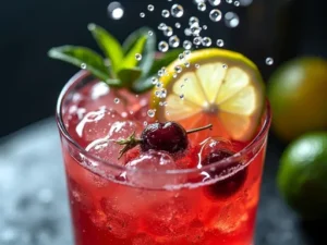 Russian Spring Punch: O Néctar dos Deuses da Coquetelaria Uma imagem impressionante de um coquetel vermelho vibrante, decorado com uma fatia de limão e uma cereja, com pequenas bolhas de gás efervescentes.