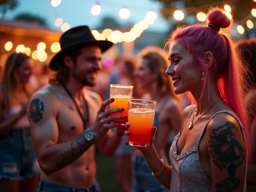 Russian Spring Punch: O Elixir da Liberdade e da Euforia Uma imagem vibrante de um casal dançando e bebendo Russian Spring Punch em um ambiente de festa ao ar livre, com luzes e decorações alegres ao redor.