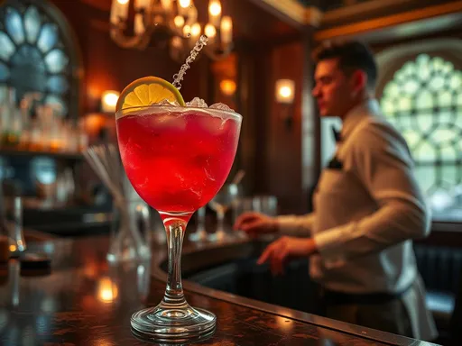 Uma imagem elegante de um coquetel vermelho vibrante, servido em uma taça de cristal com uma decoração de limão, em um ambiente de bar tradicional e luxuoso.