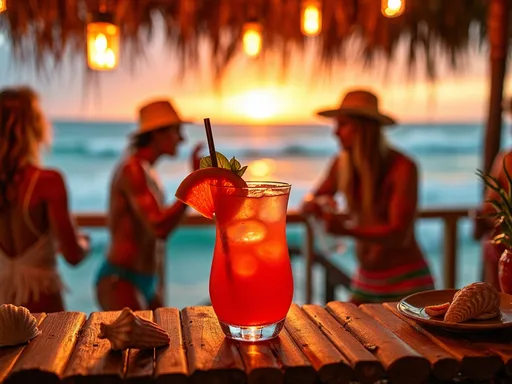Sea Breeze 1 Um copo alto e elegante contendo uma bebida de cor vermelho vibrante, decorado com uma fatia de laranja e uma cereja, posicionado em primeiro plano. Ao fundo, um cenário tropical com pessoas sentadas em mesas de madeira, conversando e bebendo em um ambiente com luminárias acesas e um pôr do sol deslumbrante.