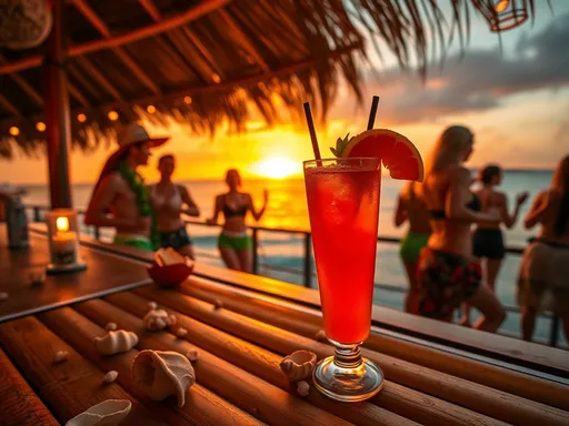 Um copo de cocktail elegante, contendo uma bebida de coloração vermelha vibrante, decorado com uma fatia de limão e uma cereja, posicionado em primeiro plano. Ao fundo, uma cena tropical com um telhado de palha, pessoas curtindo a praia e um pôr do sol deslumbrante.