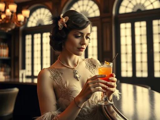 A Dama e o Singapore Sling: Um Encontro de Elegância e Sabor Uma mulher elegantemente vestida em um ambiente luxuoso, segurando um copo com um coquetel vermelho.