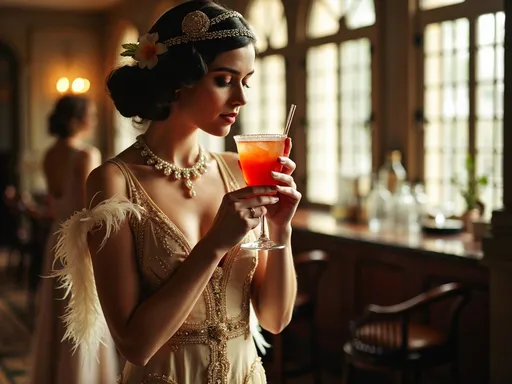 Uma mulher elegantemente vestida em um traje de estilo art déco, com adereços de penas e joias, segurando um copo cheio de uma bebida vermelha brilhante em um ambiente sofisticado de bar ou restaurante.