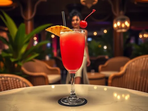 O Elegante Singapore Sling: Um Clássico da Coquetelaria Um copo elegante contendo um coquetel vermelho e adornado com uma fatia de abacaxi e uma cereja.