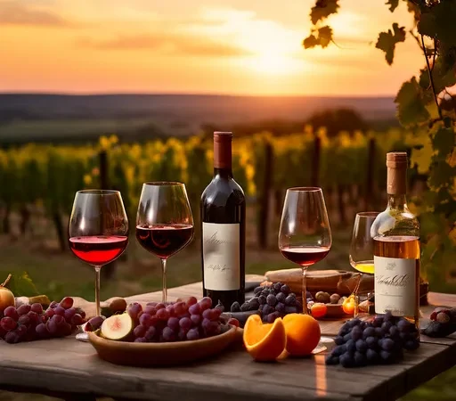 Uma imagem idílica de vinhos e frutas em um cenário de vinhedo com um pôr do sol deslumbrante ao fundo.