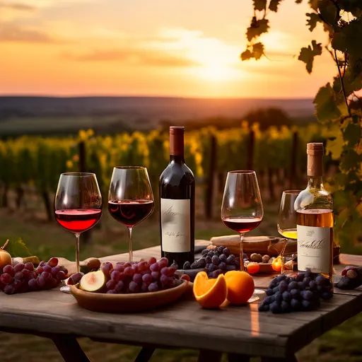 Uma imagem idílica de vinhos e frutas em um cenário de vinhedo com um pôr do sol deslumbrante ao fundo.