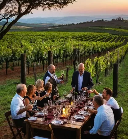 Vinhos Acessíveis, Prazer Garantido: Seu Guia para Encontrar os Melhores Rótulos a Preços Irresistíveis Uma imagem de um grupo de amigos desfrutando de uma refeição e vinhos em um cenário de vinhedo durante o pôr do sol.