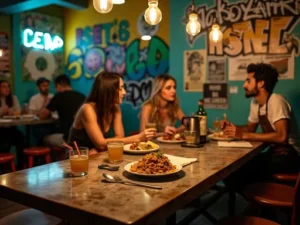 Whiskey Sours: O Bálsamo para Almas Inquietas em Busca de Diversão Autêntica Uma imagem vibrante de um grupo de amigos desfrutando de Whiskey Sours em um ambiente de bar urbano e animado, com paredes repletas de grafites e luzes suaves.