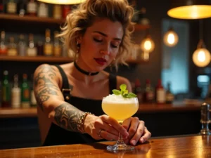 Whiskey Sours: O Néctar dos Deuses da Coquetelaria para Almas Destemidas Uma imagem cativante de uma barista tatuada e elegante segurando um Whiskey Sour em um ambiente de bar escuro e aconchegante.
