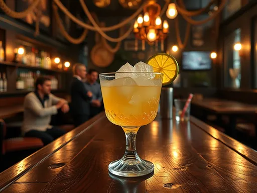Uma imagem elegante de um Whiskey Sour decorado com uma fatia de limão, servido em um copo de cristal, em um ambiente de bar aconchegante e bem iluminado.