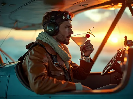 aviador bebendo aviation Um piloto de avião vintage, usando óculos escuros e fones de ouvido, segurando um copo de coquetel Aviation enquanto pilota a aeronave durante um pôr do sol deslumbrante.