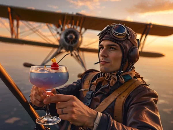 aviator com aviation Um piloto de avião vintage, usando roupas e óculos de proteção característicos, segurando um copo de coquetel Aviation enquanto pilota uma aeronave biplano em meio a um pôr do sol deslumbrante.