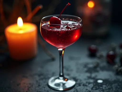 O Beijo do Vampiro: um coquete que seduz os sentidos. Uma taça de cristal contendo um líquido vermelho brilhante, com uma cereja e um ramo de hortelã flutuando na bebida, com uma vela acesa no fundo