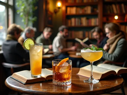 Uma imagem que mostra uma mesa de madeira repleta de livros abertos, com três diferentes copos de bebida alcoólica, como um Negroni e um Margarita, em primeiro plano, com duas pessoas sentadas ao fundo, lendo atentamente.