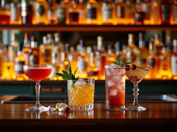 Uma variedade de coquetéis clássicos e requintados, incluindo um Manhattan vermelho-escuro, um Old Fashioned dourado em um copo de cristal e uma bebida rosa clara com cubos de gelo, todos dispostos em um balcão de bar com prateleiras de garrafas de bebidas ao fundo.