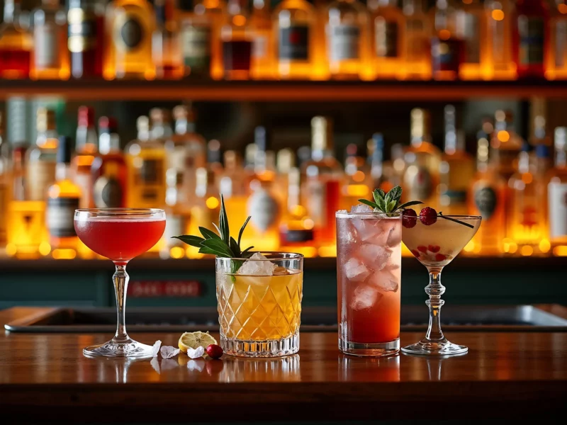 Uma variedade de coquetéis clássicos e requintados, incluindo um Manhattan vermelho-escuro, um Old Fashioned dourado em um copo de cristal e uma bebida rosa clara com cubos de gelo, todos dispostos em um balcão de bar com prateleiras de garrafas de bebidas ao fundo.
