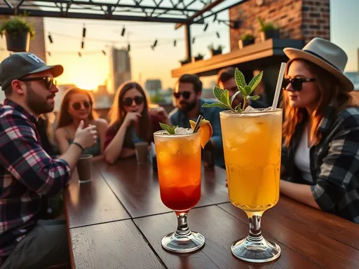 Quando o Mai Tai Converte o Mundano em Transcendental: A Alquimia da Diversão Sem Limites Uma imagem que mostra uma mesa de madeira com dois copos de cocktail decorados com fatias de frutas cítricas e folhas de menta. Ao fundo, um grupo de amigos conversando e bebendo em um ambiente externo com cercas de tijolos e luzes penduradas.