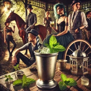 O Julep de Menta, a bebida rebelde e sedutora que alimenta as almas irreverentes em uma noite de desbunde e transgressão. Uma taça de metal prateada contendo uma bebida refrescante, adornada com folhas verdes frescas de menta, em primeiro plano. No fundo, uma cena vibrante e boêmia, com pessoas vestidas em estilo alternativo rodeando um cavalo, em um cenário rústico e romântico.