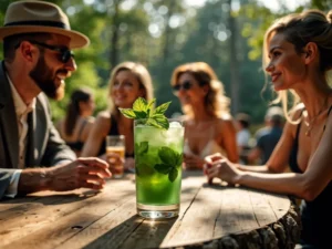 O Ritual do Julep: Quando a Sedução se Torna a Cerimônia da Alegria Compartilhada Um copo de cocktail rebrilhante, contendo uma bebida verde e refrescante adornada com folhas de menta, em primeiro plano. Ao fundo, um grupo de pessoas, aparentemente em uma reunião social, conversam e interagem animadamente.