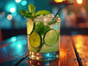 mojito no copo baixo Uma taça de cristal contendo uma bebida esverdeada e efervescente, com rodelas de limão, folhas de hortelã e cubos de gelo, em um ambiente escuro e intimista com luzes desfocadas ao fundo.