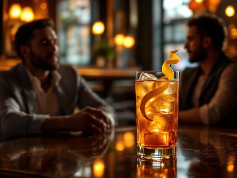 Dois homens bebem um coquetel em um ambiente aconchegante e acolhedor de um bar.