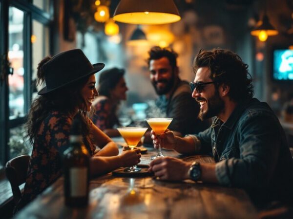 Uma Reunião Festiva com o Pisco Sour em uma Atmosfera Convidativa Um grupo amigável de jovens adultos conversando animadamente em um ambiente aconchegante de bar, enquanto desfrutam de copos elegantes de Pisco Sour.