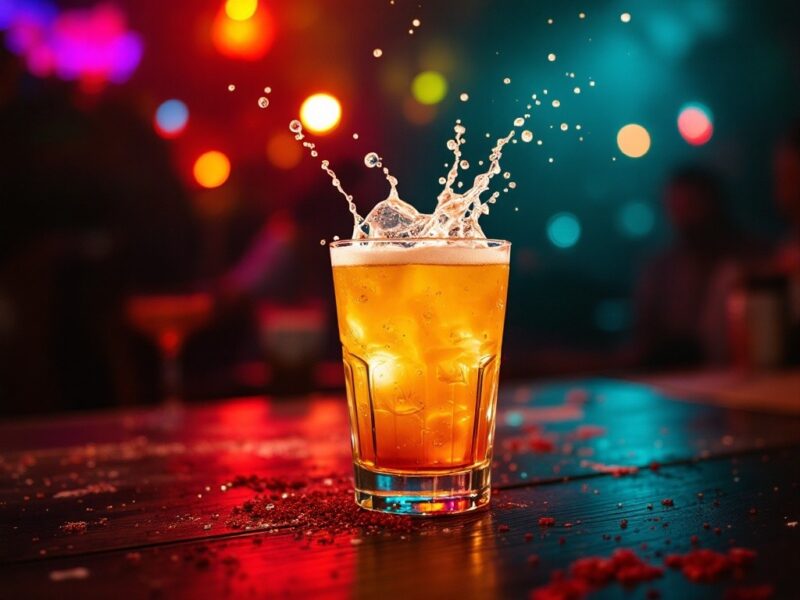 Um copo elegante de Pisco Sour, a clássica bebida peruana, com uma espuma cremosa e decoração em tons vibrantes.