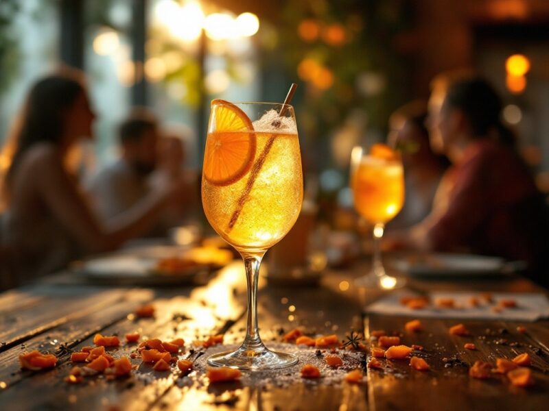 Um copo elegante de Spritz Veneziano, um coquetel cítrico e efervescente, com uma fatia de laranja e decoração natural.