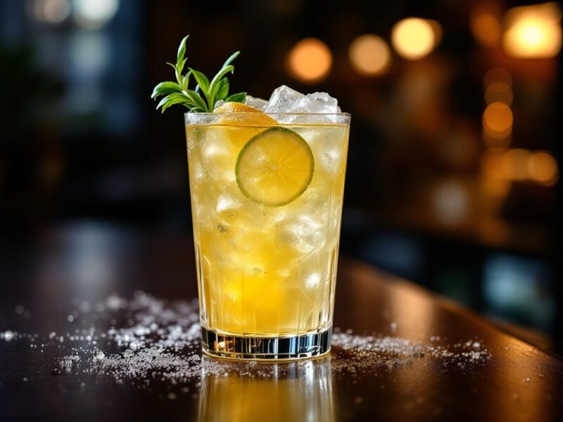 Um copo de Tom Collins, um clássico coquetel cítrico e refrescante, com cubos de gelo, uma rodela de limão e uma pequena folha de hortelã ou erva decorativa.