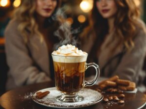 O Calor do Irish Coffee em uma Atmosfera Convidativa Uma xícara de Irish coffee e fumegante, repleta de uma rica camada de creme, com uma bela apresentação em um ambiente intimista e acolhedor.