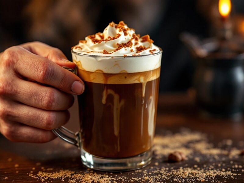 Uma xícara de café quente e convidativo, com um toque de creme e um acabamento requintado com um cachimbo de açúcar caramelizado.