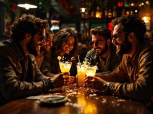 Uma Noite Memorável com Amigos Curtindo o Clássico Tom Collins Um grupo alegre de amigos compartilhando momentos de diversão e convivência em um ambiente íntimo e aconchegante, enquanto desfrutam de um Tom Collins.