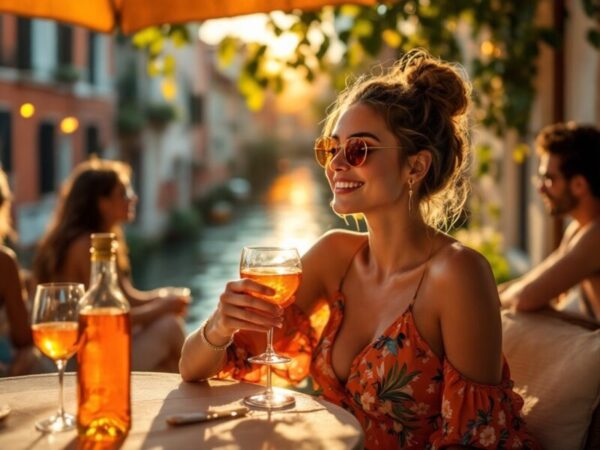 Desfrutando o Charme do Spritz Veneziano em uma Tarde Ensolarada Uma mulher sorridente e elegante, com óculos de sol, segurando um copo de Spritz Veneziano em um ambiente acolhedor e iluminado por tons quentes.